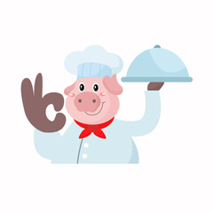 vector cute pig chef eating beef steak cartoon character