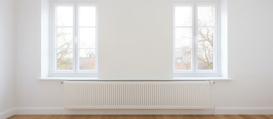 Empty light room at home with a white wall, showcasing a plastic window and radiator.