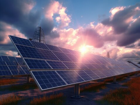 solar panel farm using sunlight to generate energy. generative AI