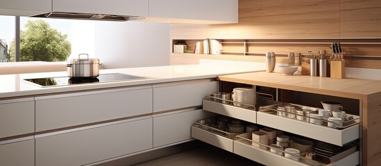 Some open drawers on contemporary white wooden kitchen furniture.