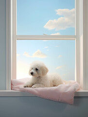 White Bichon dog looking into window on a bright day