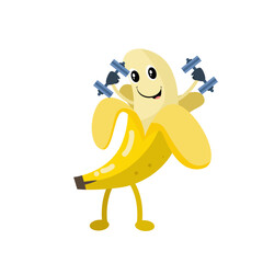 Vector cute peeled banana lifting dumbbells cartoon fruit icon illustration