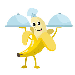 Vector cute peeled banana waiters food cartoon fruit icon illustration