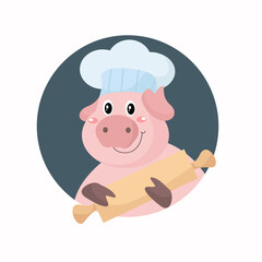 vector cute pig chef holding soup cartoon vector icon illustration with blue navy backround