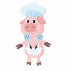vector cute pig chef holding spatula cartoon vector icon illustration