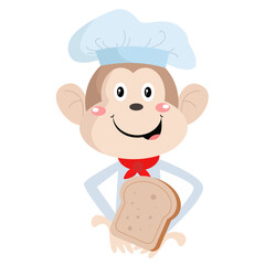 Vector cute monkey chef holding brown bread character illustration