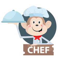 Vector cute monkey chef bring food  character illustration
