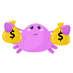 vector smiling cartoon purple crab carrying two sacks of money