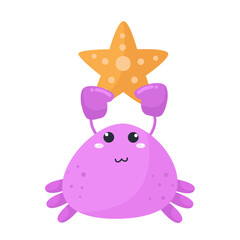 vector smiling cartoon purple crab lifting starfish