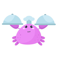 vector smiling cartoon purple crab waitress character