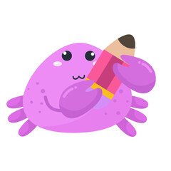 vector smiling cartoon purple crab holding a pencil