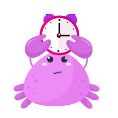 vector smiling cartoon purple crab picked up the alarm clock