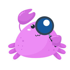 vector smiling cartoon purple crab holding a magnifying glass