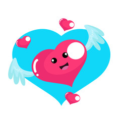 Vector cute heart angel fly in the sky character cartoon icon illustration.