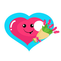 Vector cute heart  holding flowers bucket character cartoon icon illustration.