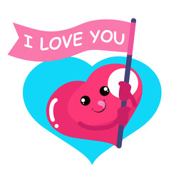 Vector cute heart holding i love you flag character cartoon icon illustration.
