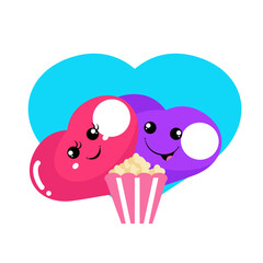 Vector cute heart  couple  with popcorn character cartoon icon illustration.