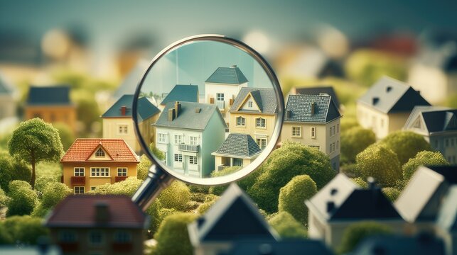toy house under magnifying glass. Concept for searching for a house and real estate. generative AI