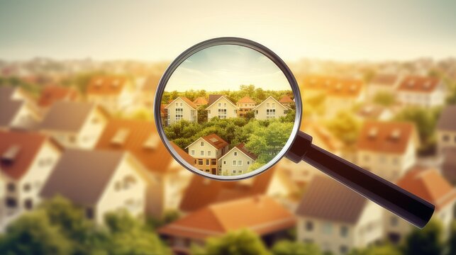 toy house under magnifying glass. Concept for searching for a house and real estate. generative AI