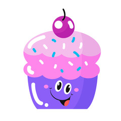 Vector cute cupcake with purple cherry logo mascot