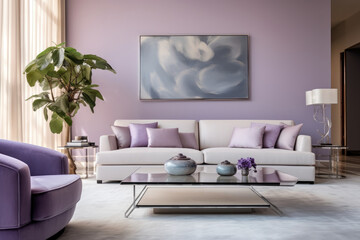 Elegance in Lilac: A Modern Living Room Interior Radiating Serenity and Sophistication