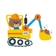 Vector construction equipment cartoon with animal the excavator driver