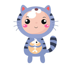 Happy child is wearing blue cat animal costumes holding fish bone