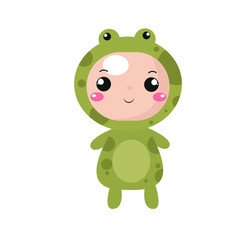 Child wearing costume of frog. cute vector illustration
