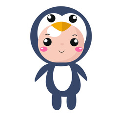 Sweet happy kid in the costume of penguin, kid in festive fancy dress cartoon vector illustration