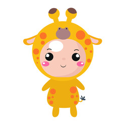 Cute kid wearing giraffe costume cartoon vector icon illustration
