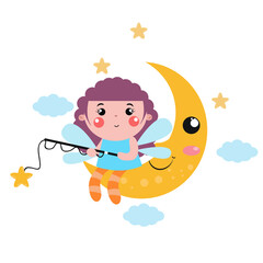 Cute fairy and the moon in the sky