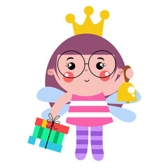 Beautiful fairy cartoon character with bells and gifts