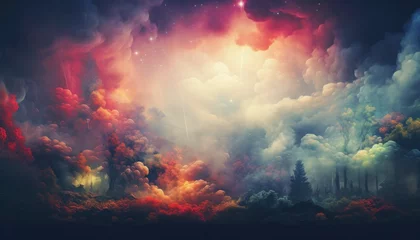 Foto op Canvas Magical Landscape 001 - A beautiful, enchanting illustration with dramatic and dreamy sky, with colors of a rainbow © Jordan