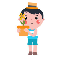 Cute little boy holding plants in pot
