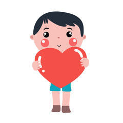 Character of young boy holding red heart in standing pose