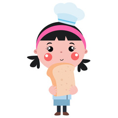 Happy cute girl chef uniform holding bread 