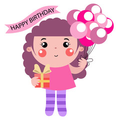 Little birthday girl holding balloons and gifts with garland of flags happy birthday