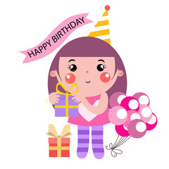 Vector girl holding a gift next to balloons and a garland of flags with the inscription happy birthday