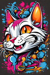 Illustration of an expressive and happy cat. Very colorful drawing, urban art, graffiti. Poster. Dark background.