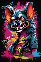 Illustration of an expressive and very bad dog. Angry face. He is wearing a jacket. Very colorful drawing, urban art, graffiti. Poster. Dark background.