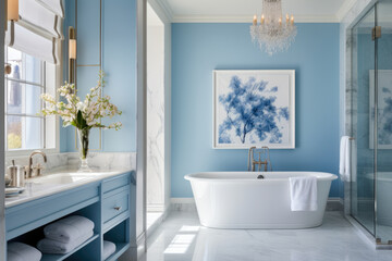 Fototapeta na wymiar Serenity in Blue: A Tranquil and Modern Bathroom Oasis with a Stunning Blue Color Palette