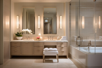 Fototapeta na wymiar Serene Oasis: A Luxurious Bathroom Retreat with Beige Accents, Exquisite Furniture, and Soft Ambient Lighting
