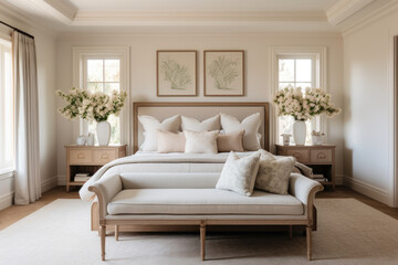 Serene Elegance: A Tranquil Bedroom Oasis with Beige Tones and Timeless Charm