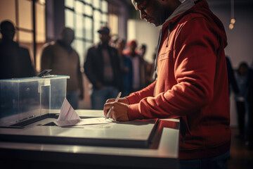 Voter casting their ballot during an election, illustrating the fundamental democratic process of participating in governance. Generative Ai.