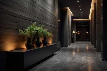A Captivating Charcoal Colored Hallway Interior with Sleek Modern Elements and Subtle Lighting