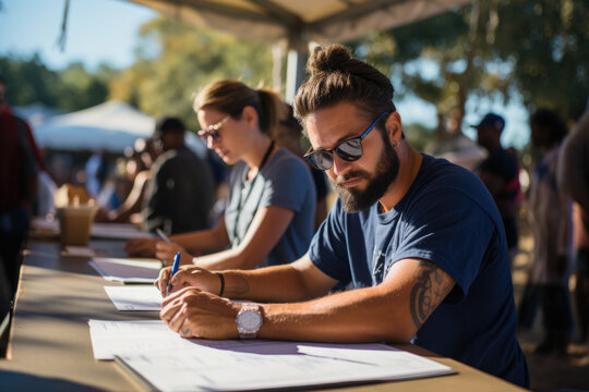 Person volunteering at a voter registration drive, embodying the efforts to ensure equal access to democratic participation. Generative Ai.
