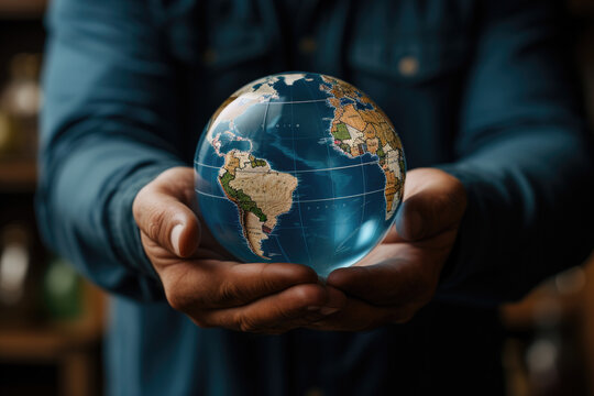A close-up photograph focuses on a person's hands holding a miniature globe, highlighting the global significance and reach of democracy.Generative Ai.