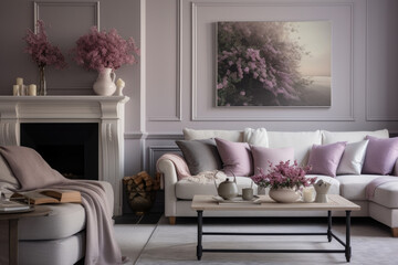 A Serene and Elegant Living Room Interior in Gray and Lavender Colors, Featuring Cozy Furniture and Subtle Decorative Accents