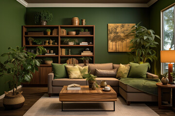 A Cozy and Earthy Living Room Interior in Green and Brown Colors, Featuring Comfortable Furniture and Natural Elements