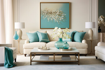 A Serene and Inviting Living Room Interior in Cream and Turquoise Colors